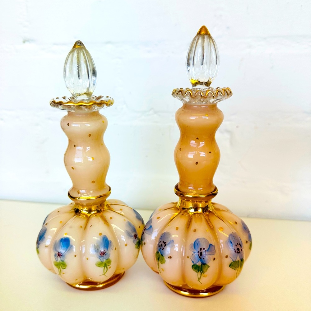 Vtg Fenton Art‎ Glass Perfume Bottles Pink W/Blue Flowers &Gold Accents Signed